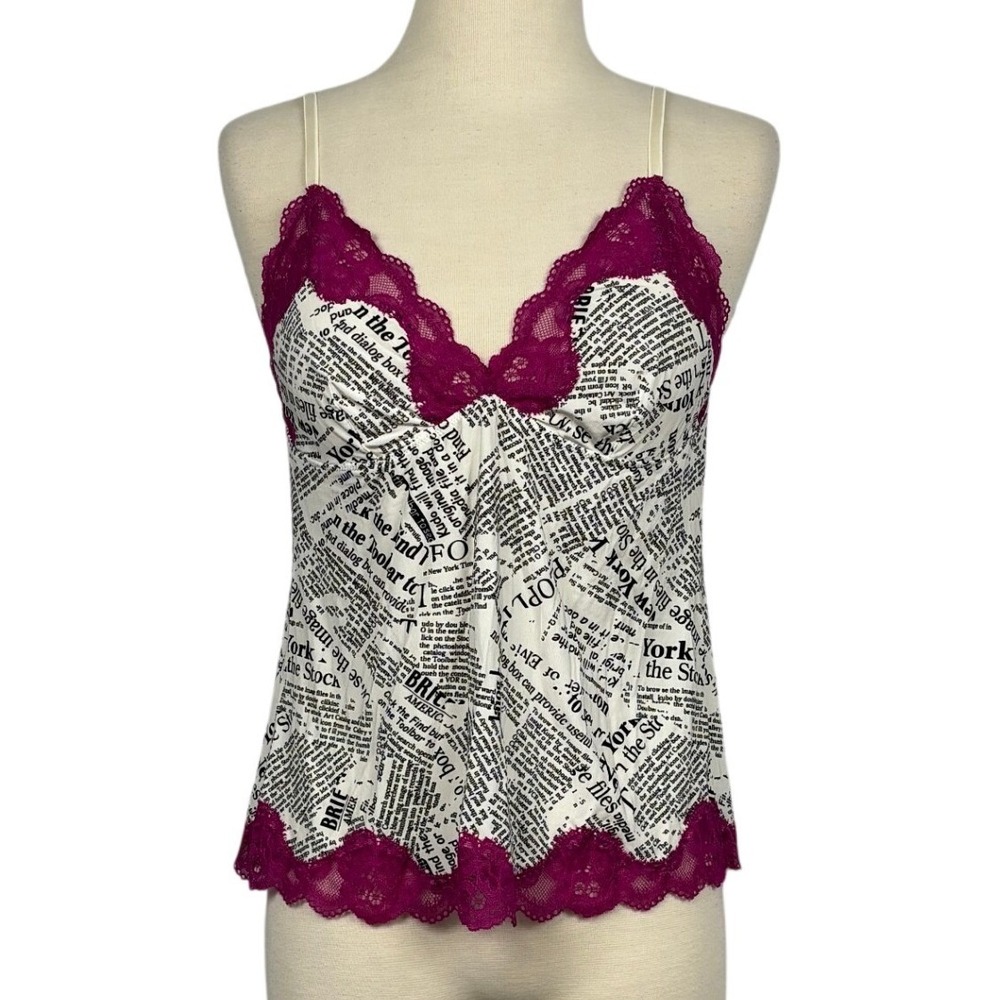 Cassandra Intimates Y2K Newspaper Print Lace Cami Top L Magenta Trim Stretch